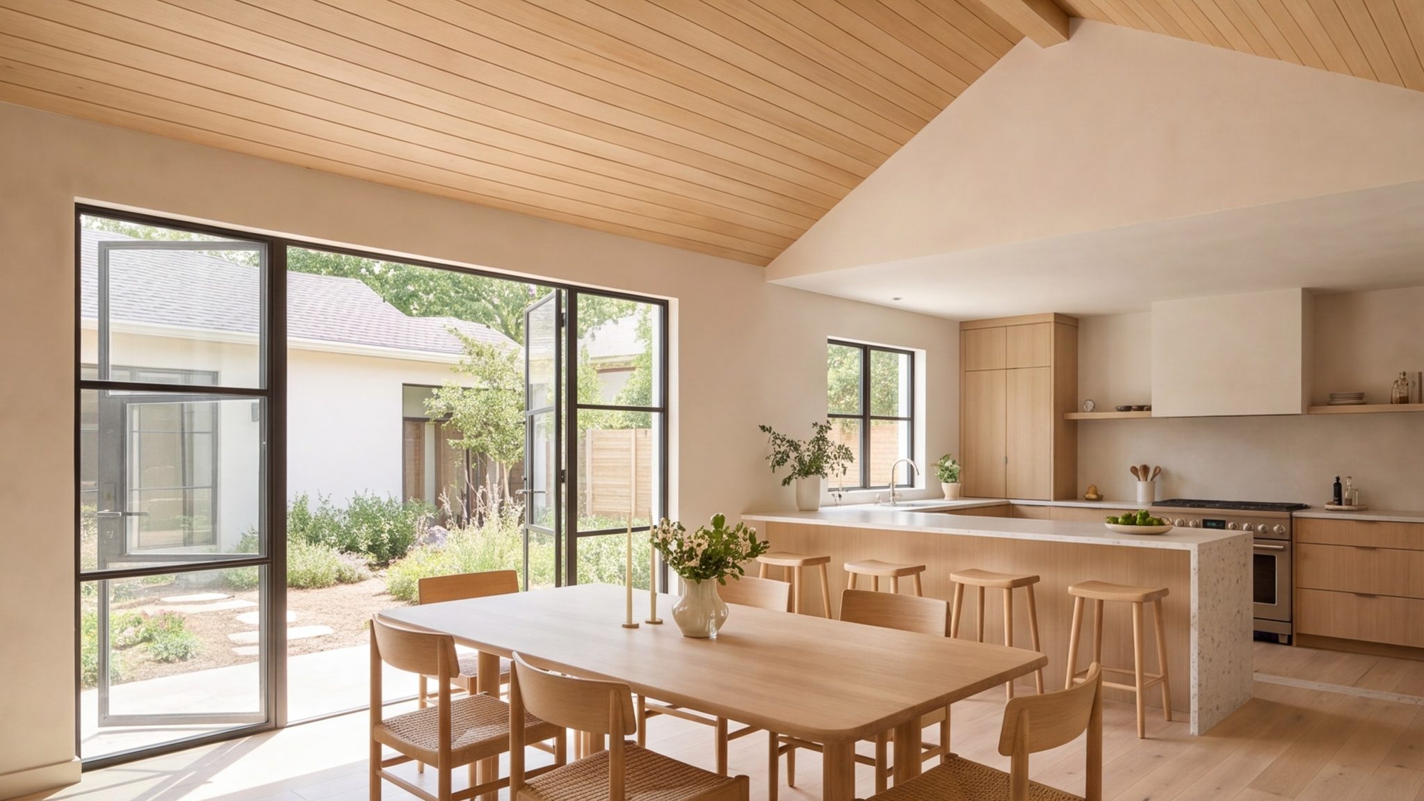 Bright remodeled dining room and kitchen opening to the garden